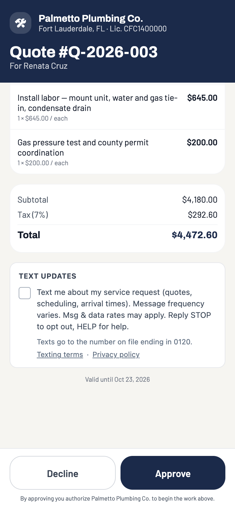 A quote a business sent: a Text updates box with the same unticked agreement, the line Texts go to the number on file ending in 0120, and links to the texting terms and privacy policy.